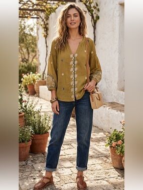 Figueroa & Flower Anthropologie Olive Mustard Embroidered Boho Blouse